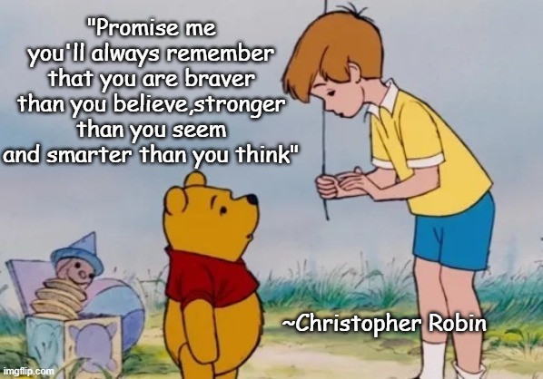 Christopher Robin and Poo Bear | "Promise me you'll always remember that you are braver than you believe,stronger than you seem and smarter than you think"; ~Christopher Robin | image tagged in strength,self esteem | made w/ Imgflip meme maker