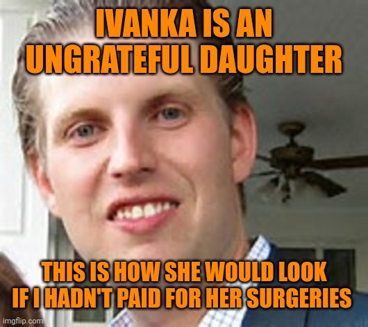 eric trump | IVANKA IS AN UNGRATEFUL DAUGHTER THIS IS HOW SHE WOULD LOOK IF I HADN'T PAID FOR HER SURGERIES | image tagged in eric trump | made w/ Imgflip meme maker
