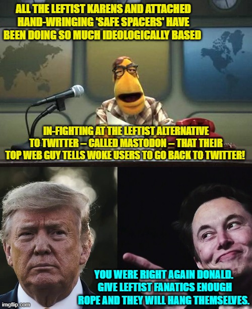 Not really a surprise for any thinking person . . . is it? | ALL THE LEFTIST KARENS AND ATTACHED HAND-WRINGING 'SAFE SPACERS' HAVE BEEN DOING SO MUCH IDEOLOGICALLY BASED; IN-FIGHTING AT THE LEFTIST ALTERNATIVE TO TWITTER -- CALLED MASTODON -- THAT THEIR TOP WEB GUY TELLS WOKE USERS TO GO BACK TO TWITTER! YOU WERE RIGHT AGAIN DONALD.  GIVE LEFTIST FANATICS ENOUGH ROPE AND THEY WILL HANG THEMSELVES. | image tagged in muppet news flash | made w/ Imgflip meme maker