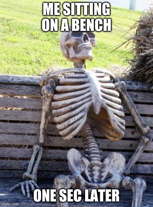 Waiting Skeleton | ME SITTING ON A BENCH; ONE SEC LATER | image tagged in memes,waiting skeleton | made w/ Imgflip meme maker