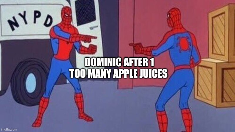 spiderman pointing at spiderman | DOMINIC AFTER 1 TOO MANY APPLE JUICES | image tagged in spiderman pointing at spiderman | made w/ Imgflip meme maker