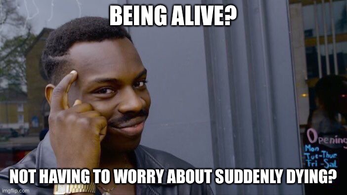 Roll Safe Think About It Meme | BEING ALIVE? NOT HAVING TO WORRY ABOUT SUDDENLY DYING? | image tagged in memes,roll safe think about it | made w/ Imgflip meme maker