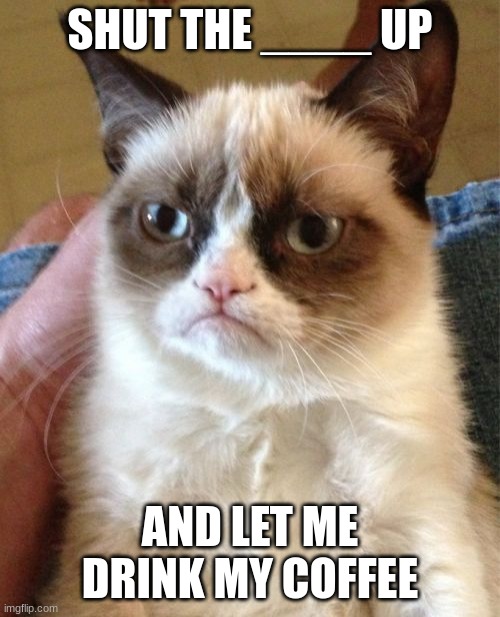 Grumpy Cat Meme | SHUT THE ____ UP; AND LET ME DRINK MY COFFEE | image tagged in memes,grumpy cat | made w/ Imgflip meme maker