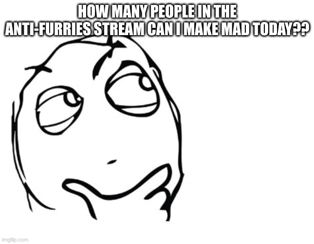 hmm | HOW MANY PEOPLE IN THE ANTI-FURRIES STREAM CAN I MAKE MAD TODAY?? | image tagged in hmmm | made w/ Imgflip meme maker