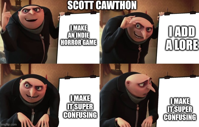 SCOTT CAWTHON; I ADD A LORE; I MAKE AN INDIE HORROR GAME; I MAKE IT SUPER CONFUSING; I MAKE IT SUPER CONFUSING | image tagged in five nights at freddys,scott cawthon | made w/ Imgflip meme maker