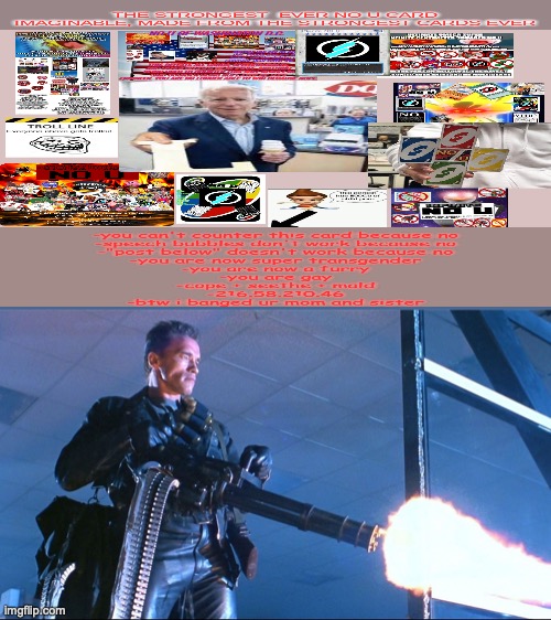 Terminator Minigun Arnold Schwarzenegger | image tagged in terminator minigun arnold schwarzenegger | made w/ Imgflip meme maker