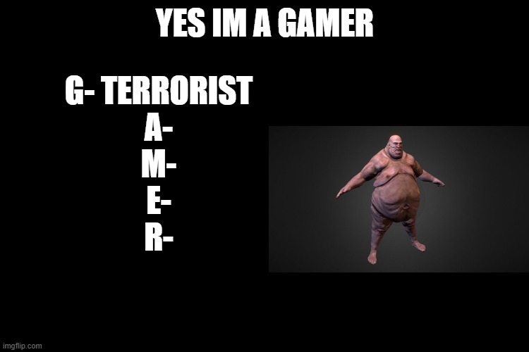 YES IM A GAMER; G- TERRORIST
A-
M-
E-
R- | made w/ Imgflip meme maker