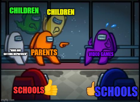 Among us blame | CHILDREN; CHILDREN; "KIDS ARE GETTING DEPRESSED"; PARENTS; VIDEO GAMES; SCHOOLS; SCHOOLS | image tagged in among us blame | made w/ Imgflip meme maker