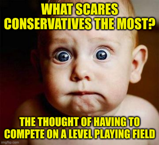 Scared their self proclaimed greatest race is just an illusion. An illusion they will kill to protect | WHAT SCARES CONSERVATIVES THE MOST? THE THOUGHT OF HAVING TO COMPETE ON A LEVEL PLAYING FIELD | image tagged in scared baby,conservatives whaaaa | made w/ Imgflip meme maker