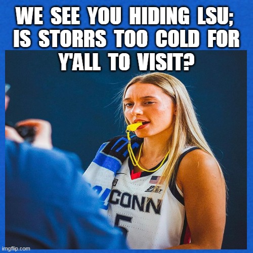 WE  SEE  YOU  HIDING  LSU; 
IS  STORRS  TOO  COLD  FOR
Y'ALL  TO  VISIT? | made w/ Imgflip meme maker