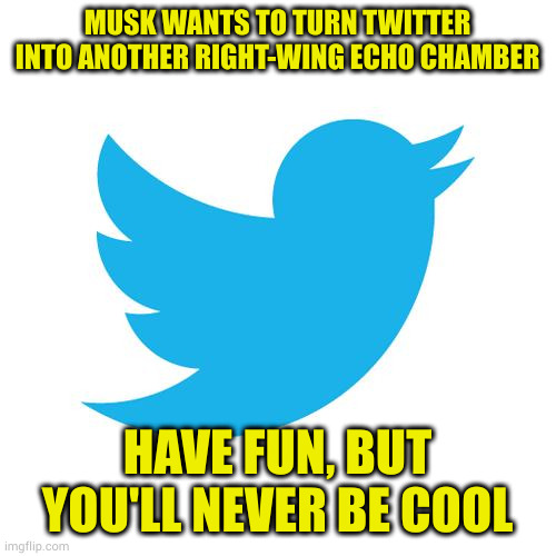 Another thin skinned moron with too much money want to desperately be thought of as cool | MUSK WANTS TO TURN TWITTER INTO ANOTHER RIGHT-WING ECHO CHAMBER; HAVE FUN, BUT YOU'LL NEVER BE COOL | image tagged in twitter birds says | made w/ Imgflip meme maker