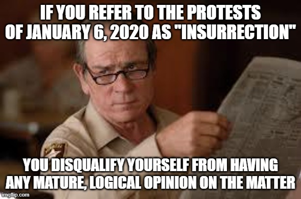 There was zero attempt to overthrow the government.  There was wrongdoing, but solely trespassing (minor) and some vandalism. | IF YOU REFER TO THE PROTESTS OF JANUARY 6, 2020 AS "INSURRECTION"; YOU DISQUALIFY YOURSELF FROM HAVING ANY MATURE, LOGICAL OPINION ON THE MATTER | image tagged in no country for old men tommy lee jones,washington dc,protest,january 6th | made w/ Imgflip meme maker