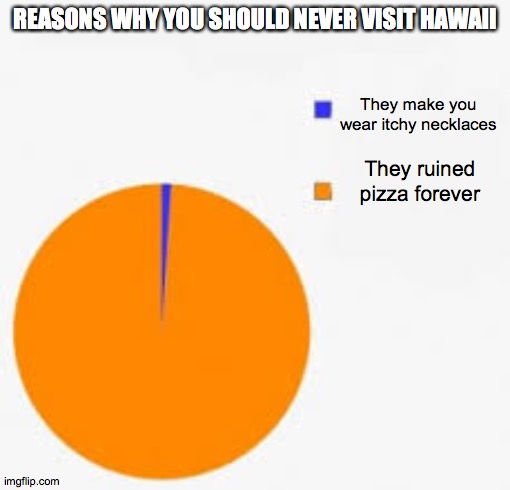 Pie Chart Meme | REASONS WHY YOU SHOULD NEVER VISIT HAWAII; They make you wear itchy necklaces; They ruined pizza forever | image tagged in pie chart meme | made w/ Imgflip meme maker