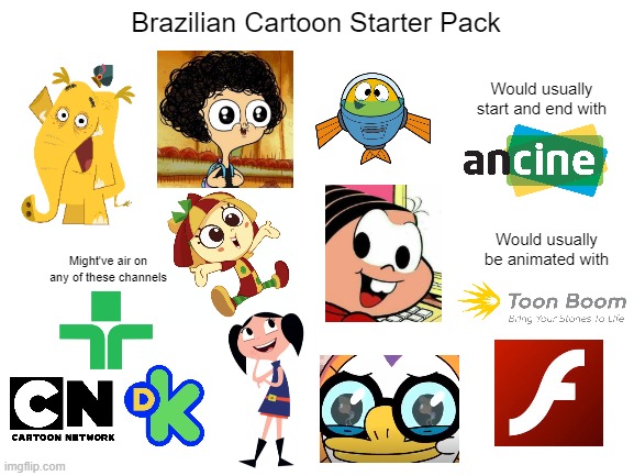 Brazilian Cartoon Starter Pack | Brazilian Cartoon Starter Pack; Would usually start and end with; Would usually be animated with; Might've air on any of these channels | image tagged in brazil,starter pack,comics/cartoons,cartoon,brazilian | made w/ Imgflip meme maker