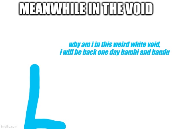 lorenabanting is now in a white void called the banned lands (the real epolog) | MEANWHILE IN THE VOID; why am i in this weird white void, i will be back one day bambi and bandu | image tagged in memes | made w/ Imgflip meme maker