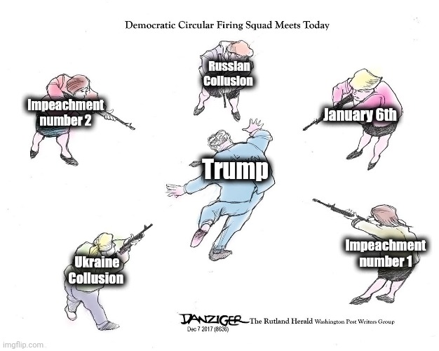 Circular Firing Squad | Trump Russian
Collusion Ukraine
Collusion Impeachment
number 1 Impeachment
number 2 January 6th | image tagged in circular firing squad | made w/ Imgflip meme maker
