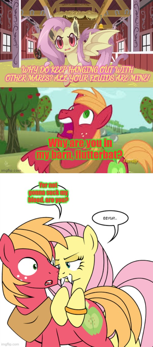 But why? Why would you do that? | WHY DO KEEP HANGING OUT WITH OTHER MARES? ALL YOUR FLUIDS ARE MINE! Why are you in my barn, flutterbat? Yer not gonna suck my blood, are you? | image tagged in surprised big mac,flutterbat,needs,pony blood | made w/ Imgflip meme maker