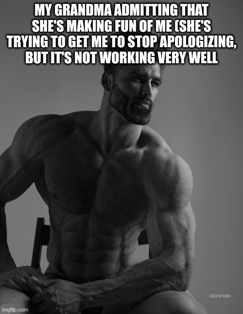 Giga Chad | MY GRANDMA ADMITTING THAT SHE'S MAKING FUN OF ME (SHE'S TRYING TO GET ME TO STOP APOLOGIZING, BUT IT'S NOT WORKING VERY WELL | image tagged in giga chad | made w/ Imgflip meme maker