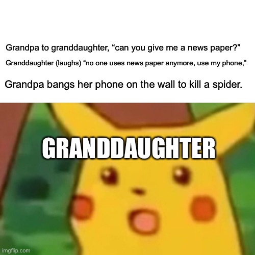 Oh | Grandpa to granddaughter, “can you give me a news paper?”; Granddaughter (laughs) “no one uses news paper anymore, use my phone,”; Grandpa bangs her phone on the wall to kill a spider. GRANDDAUGHTER | image tagged in memes,surprised pikachu | made w/ Imgflip meme maker