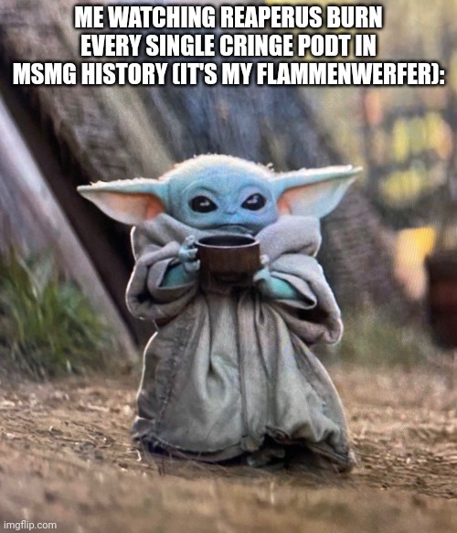 Well, someone's gotta do it. | ME WATCHING REAPERUS BURN EVERY SINGLE CRINGE PODT IN MSMG HISTORY (IT'S MY FLAMMENWERFER): | image tagged in baby yoda drinking tea | made w/ Imgflip meme maker