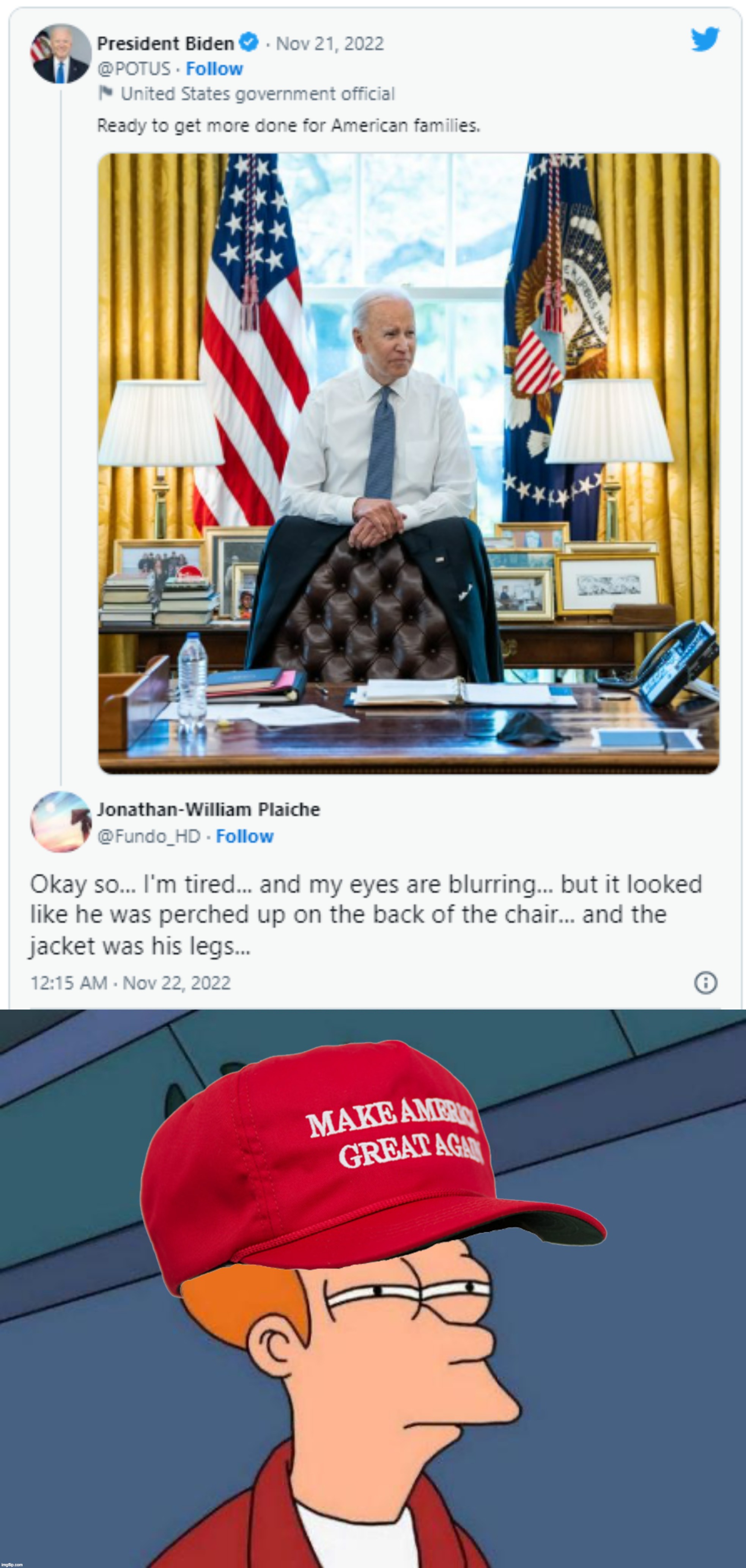 Not sure if standing-behind-the-chair-ready, or sitting-on-the-chair-ready | image tagged in joe biden optical illusion,maga futurama fry | made w/ Imgflip meme maker