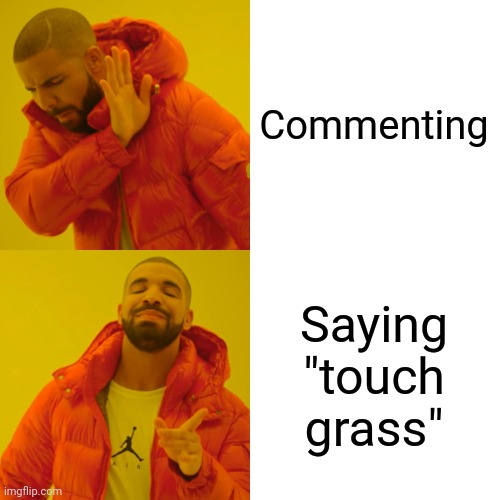 Drake Hotline Bling Meme | Commenting Saying "touch grass" | image tagged in memes,drake hotline bling | made w/ Imgflip meme maker