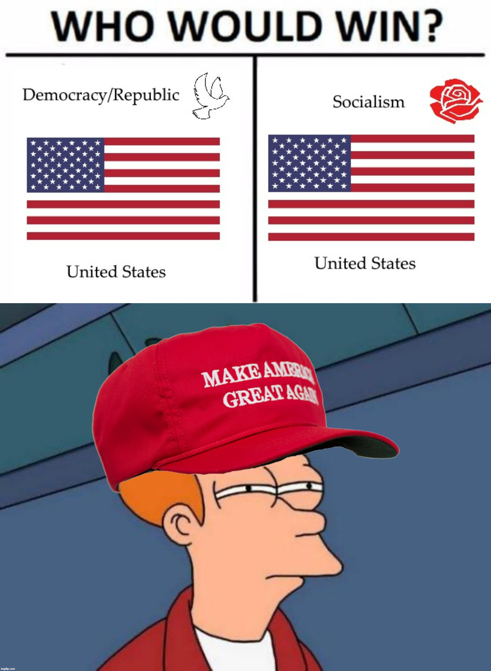 image tagged in who would win america democracy/republic socialism,maga futurama fry | made w/ Imgflip meme maker