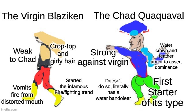 blaziken bad quaquaval good | image tagged in pokemon,virgin vs chad | made w/ Imgflip meme maker