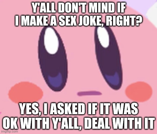 Blank Kirby Face | Y'ALL DON'T MIND IF I MAKE A SEX JOKE, RIGHT? YES, I ASKED IF IT WAS OK WITH Y'ALL, DEAL WITH IT | image tagged in blank kirby face | made w/ Imgflip meme maker