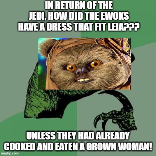 Ever Wonder? | IN RETURN OF THE JEDI, HOW DID THE EWOKS HAVE A DRESS THAT FIT LEIA??? UNLESS THEY HAD ALREADY COOKED AND EATEN A GROWN WOMAN! | image tagged in memes,philosoraptor | made w/ Imgflip meme maker