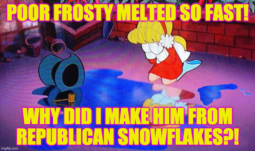 Hee hee  ( : | POOR FROSTY MELTED SO FAST! WHY DID I MAKE HIM FROM
REPUBLICAN SNOWFLAKES?! | image tagged in memes,frosty the republican snowman | made w/ Imgflip meme maker