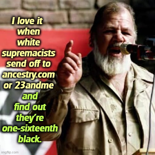 The Neo-Nazi SURPRISE! | I love it 
when white supremacists send off to ancestry.com or 23andme; and find out they're one-sixteenth black. | image tagged in neo-nazis,white supremacists,part,african,american | made w/ Imgflip meme maker