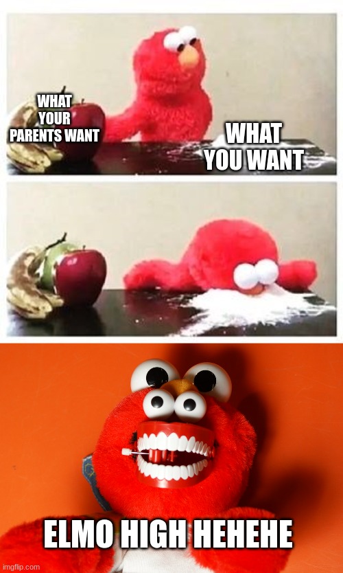 WHAT YOUR PARENTS WANT; WHAT YOU WANT; ELMO HIGH HEHEHE | image tagged in elmo cocaine | made w/ Imgflip meme maker