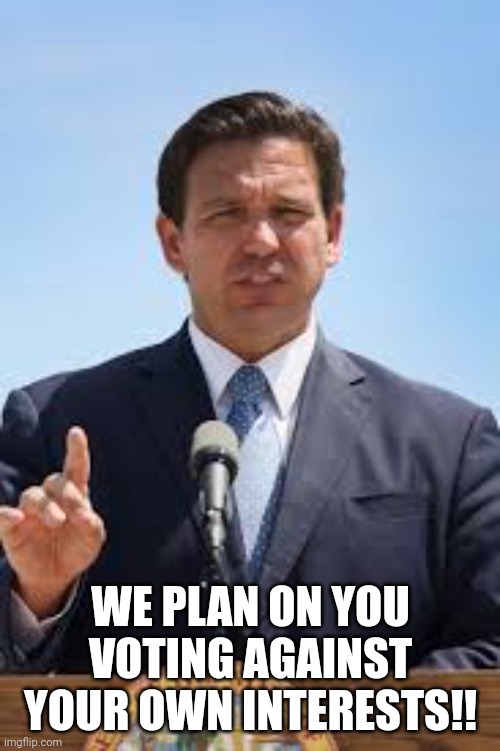 Gov. Ron DeSantis | WE PLAN ON YOU VOTING AGAINST YOUR OWN INTERESTS!! | image tagged in gov ron desantis | made w/ Imgflip meme maker