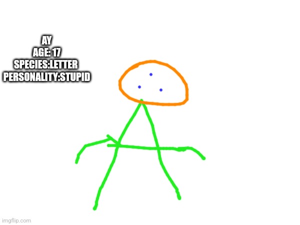One of the other letters in I.D.I.O.T | AY
AGE: 17
SPECIES:LETTER 

PERSONALITY:STUPID | made w/ Imgflip meme maker