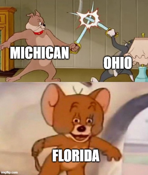Tom and Jerry swordfight | MICHICAN OHIO FLORIDA | image tagged in tom and jerry swordfight | made w/ Imgflip meme maker