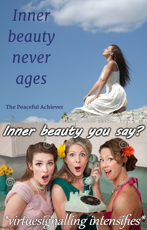 You just can't win | Inner beauty you say? *virtuesignalling intensifies* | image tagged in women,beauty,funny,virtue signalling | made w/ Imgflip meme maker