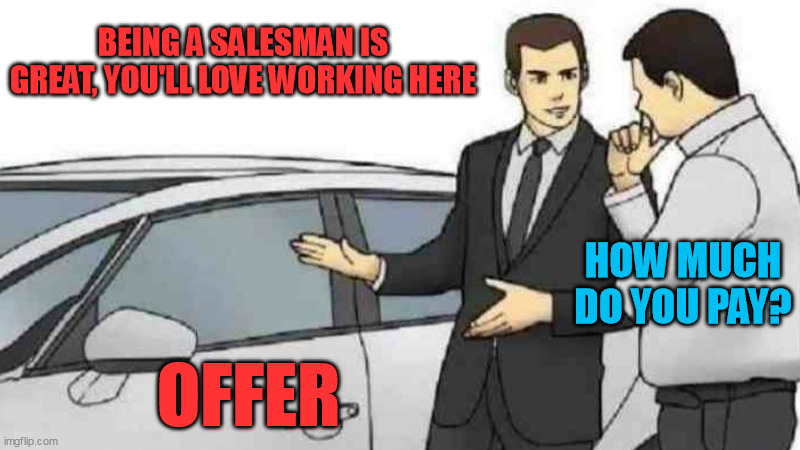 Employers be like | BEING A SALESMAN IS GREAT, YOU'LL LOVE WORKING HERE; HOW MUCH DO YOU PAY? OFFER | image tagged in memes,car salesman slaps roof of car,employment | made w/ Imgflip meme maker
