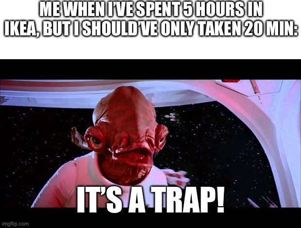It's a trap  | ME WHEN I’VE SPENT 5 HOURS IN IKEA, BUT I SHOULD’VE ONLY TAKEN 20 MIN:; IT’S A TRAP! | image tagged in ikea | made w/ Imgflip meme maker