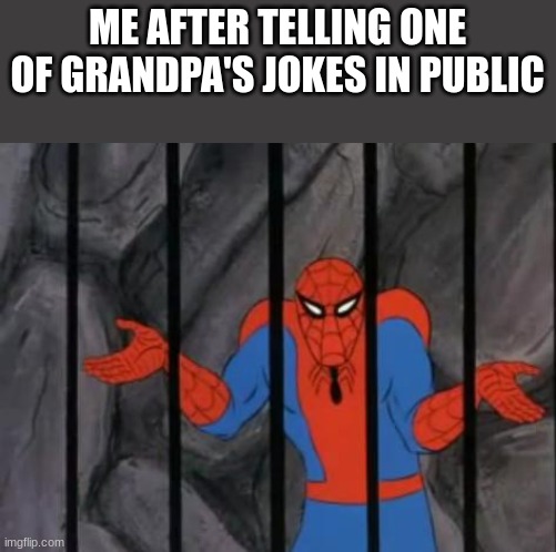 Don't even ask what is was | ME AFTER TELLING ONE OF GRANDPA'S JOKES IN PUBLIC | image tagged in spiderman jail,dark,dark humor | made w/ Imgflip meme maker
