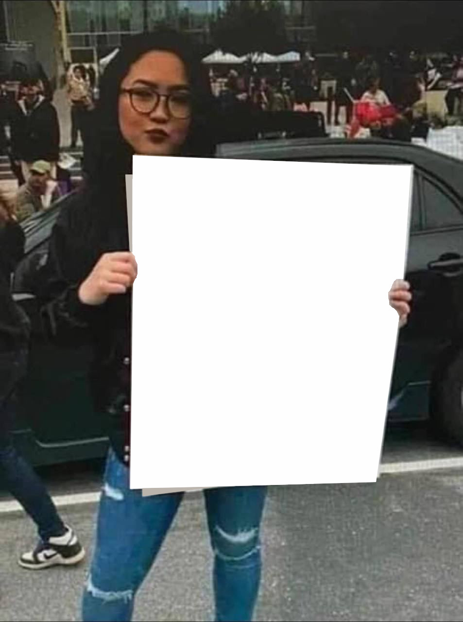 High Quality Woman Holding Sign Blank Meme Template