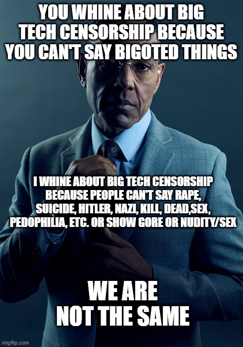 i whine about REAL things | YOU WHINE ABOUT BIG TECH CENSORSHIP BECAUSE YOU CAN'T SAY BIGOTED THINGS; I WHINE ABOUT BIG TECH CENSORSHIP BECAUSE PEOPLE CAN'T SAY RAPE, SUICIDE, HITLER, NAZI, KILL, DEAD,SEX, PEDOPHILIA, ETC. OR SHOW GORE OR NUDITY/SEX; WE ARE NOT THE SAME | image tagged in gus fring we are not the same,censorship | made w/ Imgflip meme maker