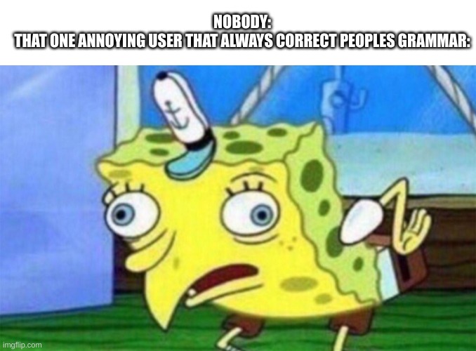 Those users are so annoying | NOBODY:
THAT ONE ANNOYING USER THAT ALWAYS CORRECT PEOPLES GRAMMAR: | image tagged in spongebob stupid,annoying,bruh | made w/ Imgflip meme maker