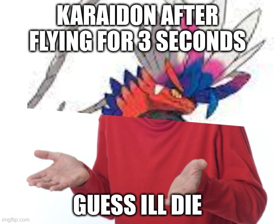 Pokemon meme | KARAIDON AFTER FLYING FOR 3 SECONDS; GUESS ILL DIE | image tagged in pokemon | made w/ Imgflip meme maker