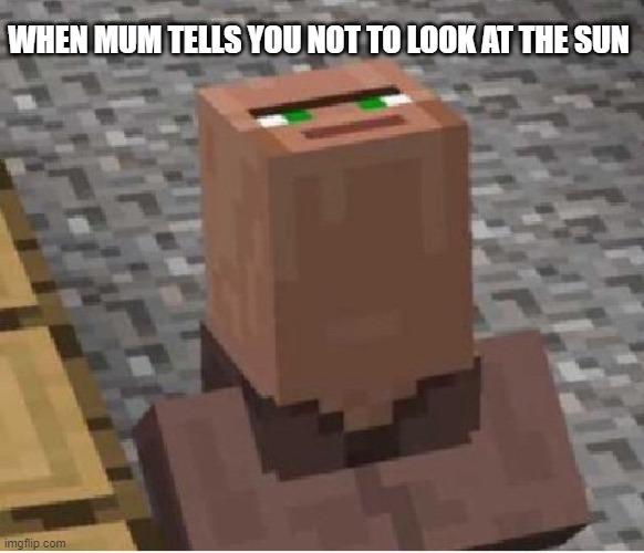 Minecraft Villager Looking Up | WHEN MUM TELLS YOU NOT TO LOOK AT THE SUN | image tagged in minecraft villager looking up | made w/ Imgflip meme maker