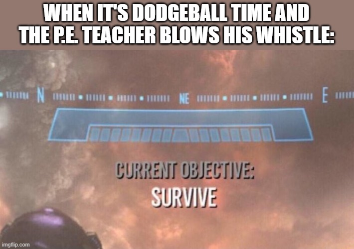 i hate dodgeball fr. the last time i ever played dodgeball, i hurt my ankle. | WHEN IT'S DODGEBALL TIME AND THE P.E. TEACHER BLOWS HIS WHISTLE: | image tagged in current objective survive,memes,relatable,school,dodgeball,sports | made w/ Imgflip meme maker