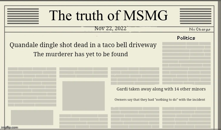 Daily msmg news | Nov 22, 2022; Quandale dingle shot dead in a taco bell driveway; The murderer has yet to be found; Gardi taken away along with 14 other minors; Owners say that they had "nothing to do" with the incident | made w/ Imgflip meme maker