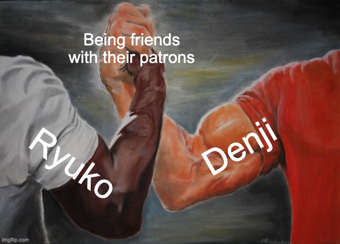 Epic Handshake Meme | Being friends with their patrons; Denji; Ryuko | image tagged in memes,epic handshake,dungeons and dragons,chainsaw man,kill la kill | made w/ Imgflip meme maker