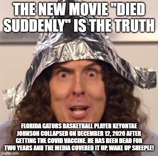 Weird al tinfoil hat |  THE NEW MOVIE "DIED SUDDENLY" IS THE TRUTH; FLORIDA GATORS BASKETBALL PLAYER KEYONTAE JOHNSON COLLAPSED ON DECEMBER 12, 2020 AFTER GETTING THE COVID VACCINE. HE HAS BEEN DEAD FOR TWO YEARS AND THE MEDIA COVERED IT UP. WAKE UP SHEEPLE! | image tagged in weird al tinfoil hat,anti-vaxx,covidiots,conspiracy theory,covid vaccine,died suddenly | made w/ Imgflip meme maker