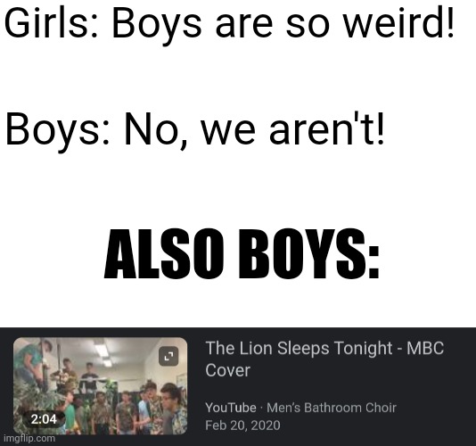 . | Girls: Boys are so weird! Boys: No, we aren't! ALSO BOYS: | image tagged in boys vs girls | made w/ Imgflip meme maker